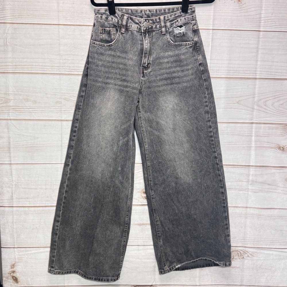 Dazy Grey Acid Wash Wide Leg High Waisted Distressed Denim Jeans Size M